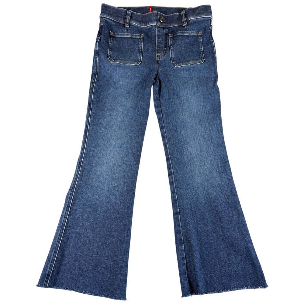Spanx Flare Jeans Women M Blue Premium Stretch Raw Hem Wide Leg Flare
